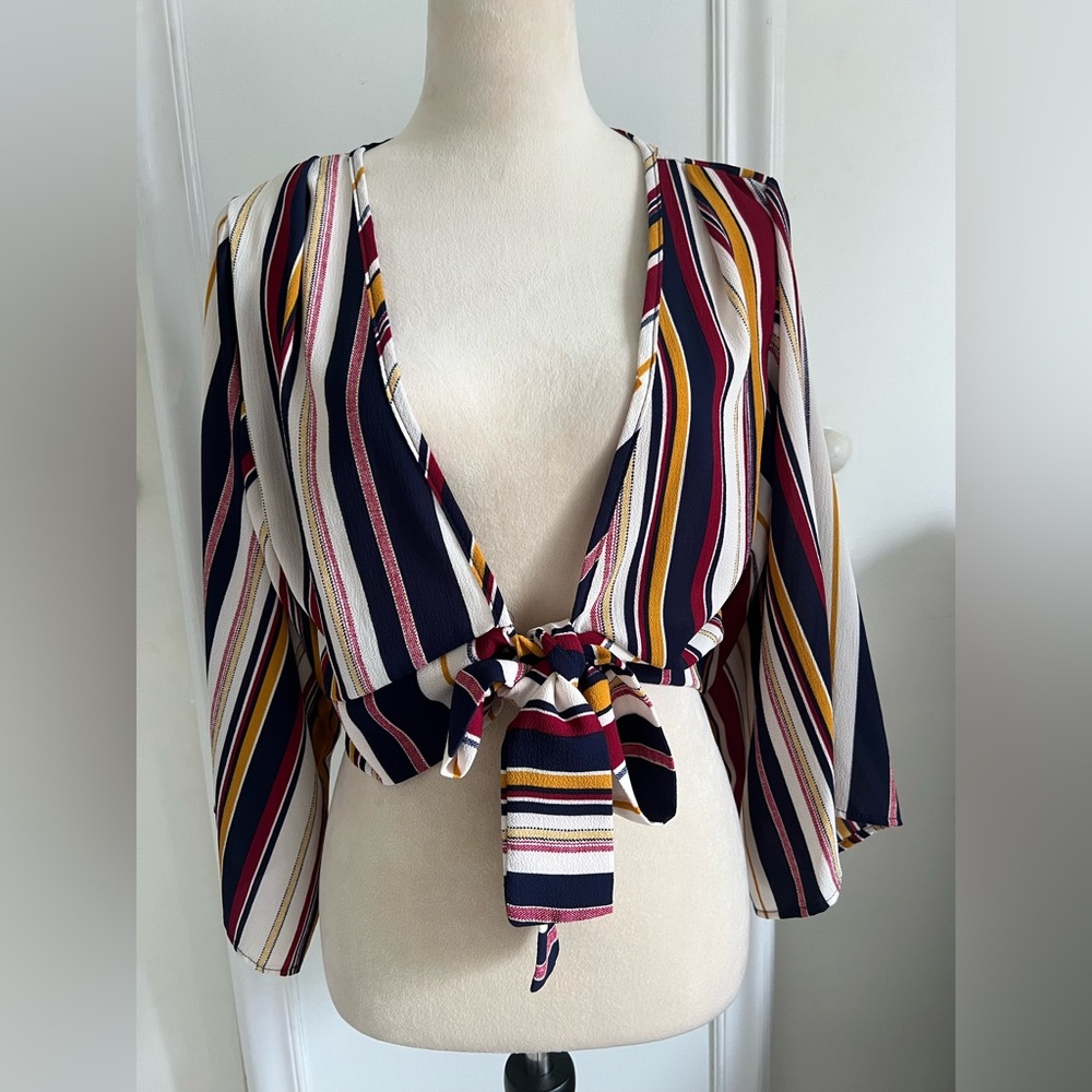 Striped Tie-Front Crop Top in Navy, Mustard & Burgundy